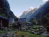 107 Dovan With Machupuchare After leaving Sinuwa at 8:00, I passed the abandoned ACAP office at Kuldi (2470m) at 8:50. Then it was descent time on a stone staircase through a tall bamboo forest, arriving at 9:25 at the appropriately named Bamboo (2310m). From here on baby it's ascent only! The trail was steep, again thru bamboo, arriving at Dovan (2540m) at 10:30, with Machupuchare poking its head above the intervening ridge.